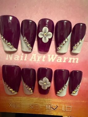 Women’s Deep Plum & White Rhinestone handmade acrylic Press-On Nails